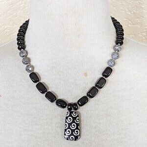 Black & Silver Onyx & Druzy Swirl Obsidian Pendant Statement Necklace
